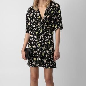 Zadig & Voltaire Black Floral Rozom Soft Crinkle Roses Summer Slim Mini Dress